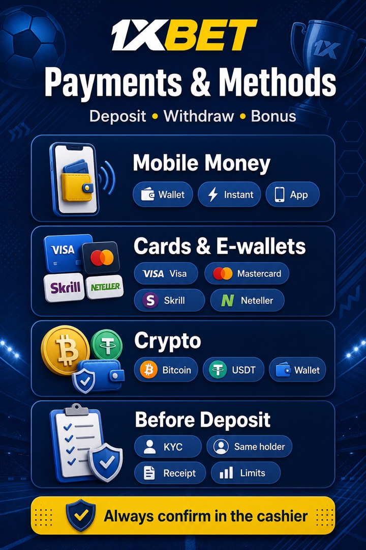 1xBet mobile infographic: countries, local currencies, mobile payments and bonus.