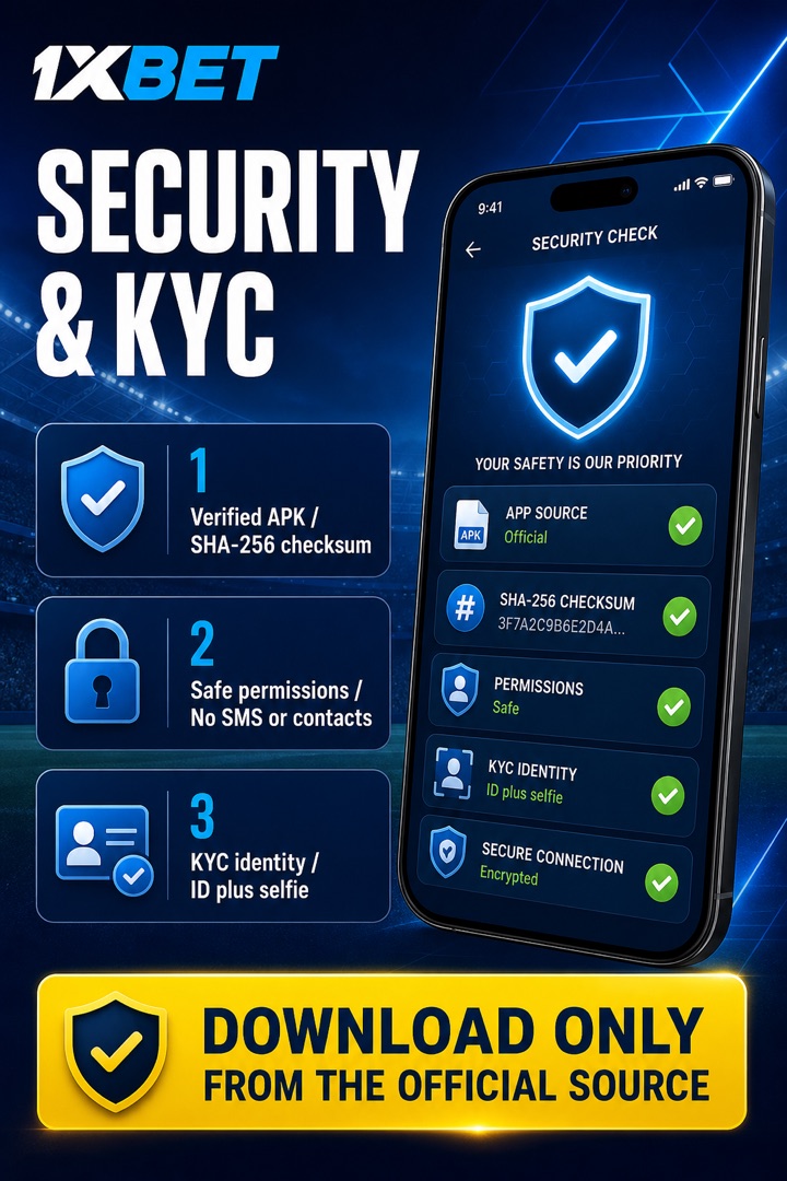 1xBet APK mobile infographic: security, KYC, Android 7.0, SHA-256, low connection and sports.