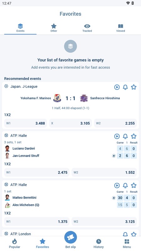 1xBet: Favourites tab and recommended events