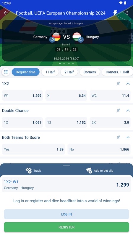 1xBet: match odds and a prompt to log in