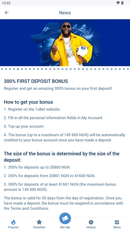 1xBet: first-deposit bonus page