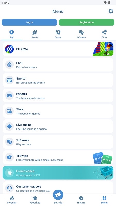 1xBet: main app menu
