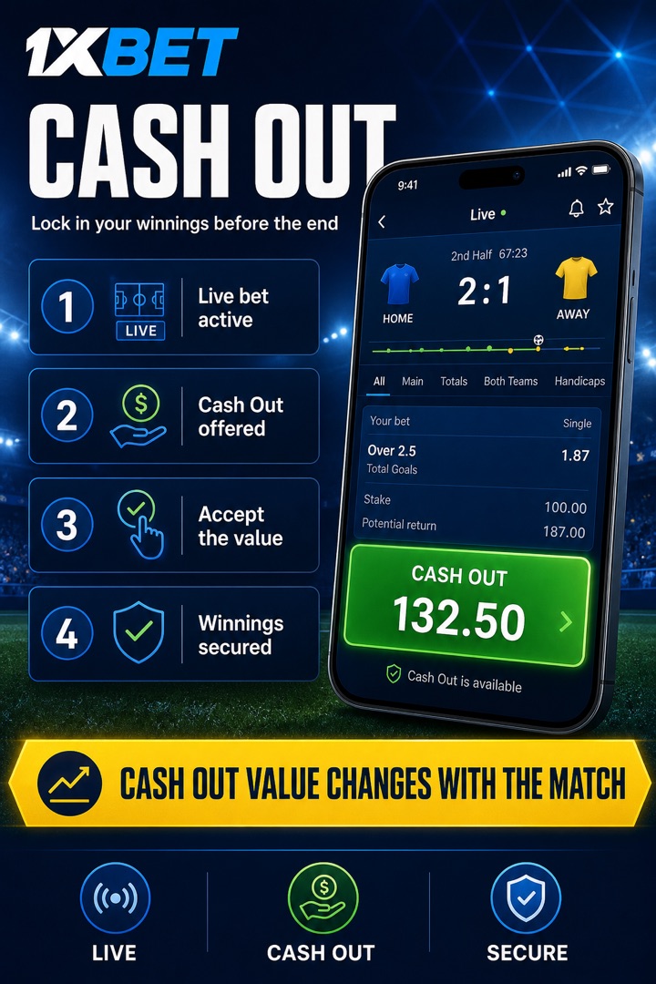 Illustration: cashing out a live bet (Cash Out) on the 1xBet app