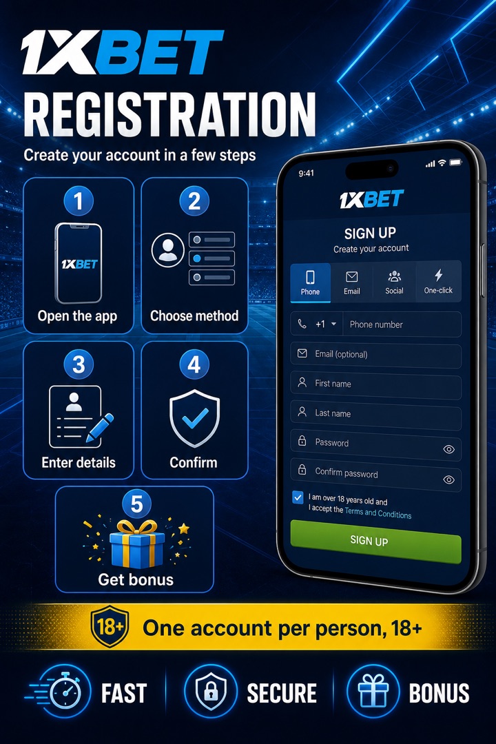 1xBet account creation screen on mobile